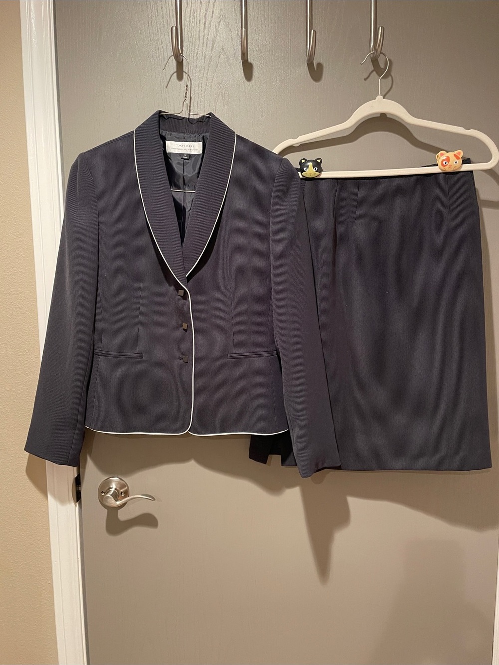 Tahari Navy Skirt Suit with White Piping